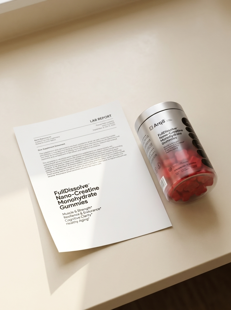 Arq8 FullDissolve canister beside a lab report document